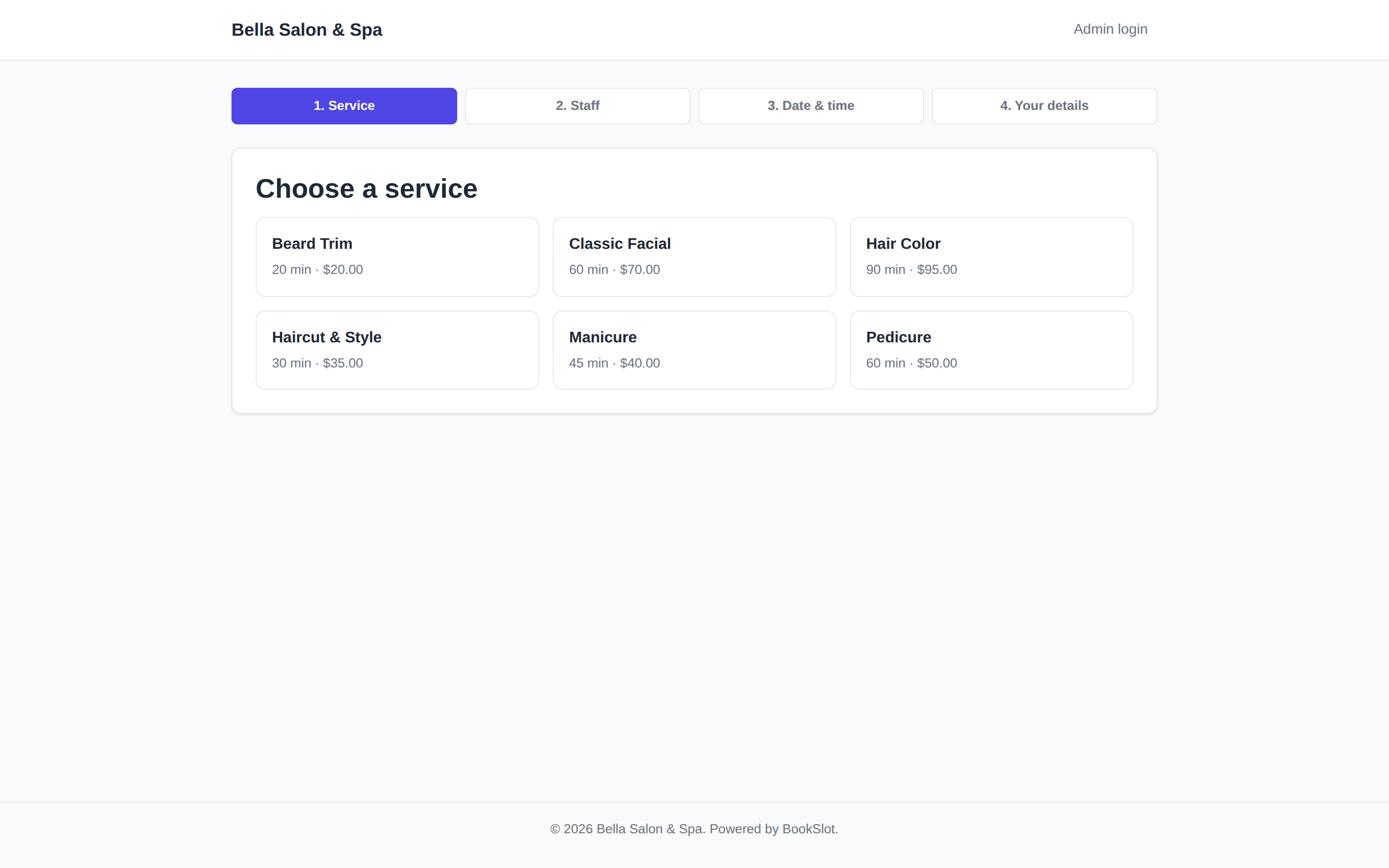 BookSlot service selection screen