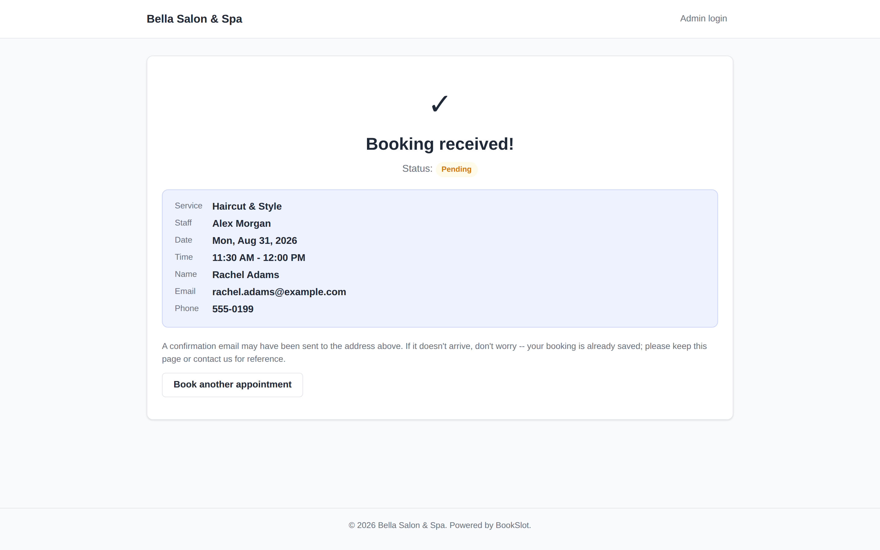 BookSlot booking confirmation page