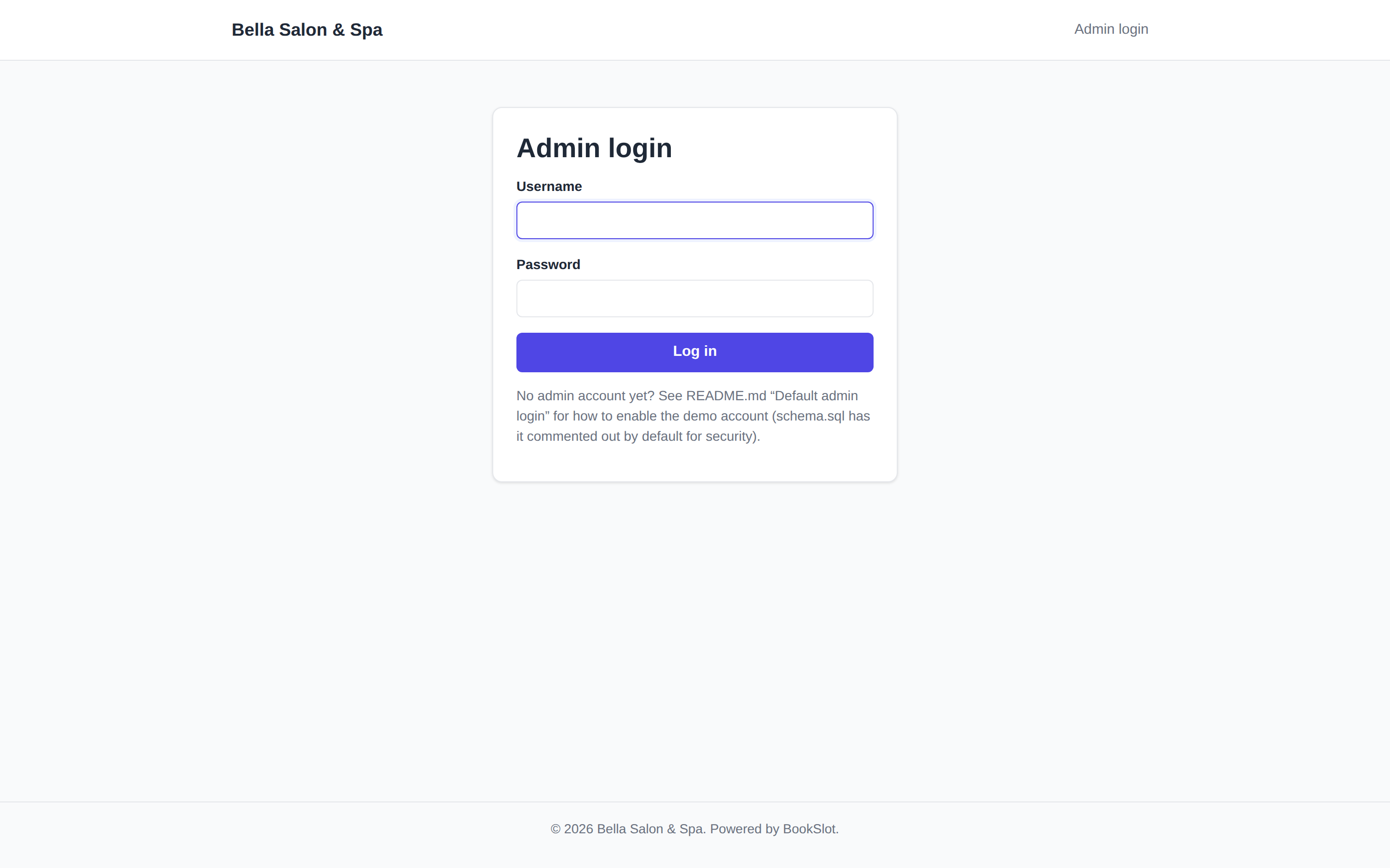 BookSlot admin login screen