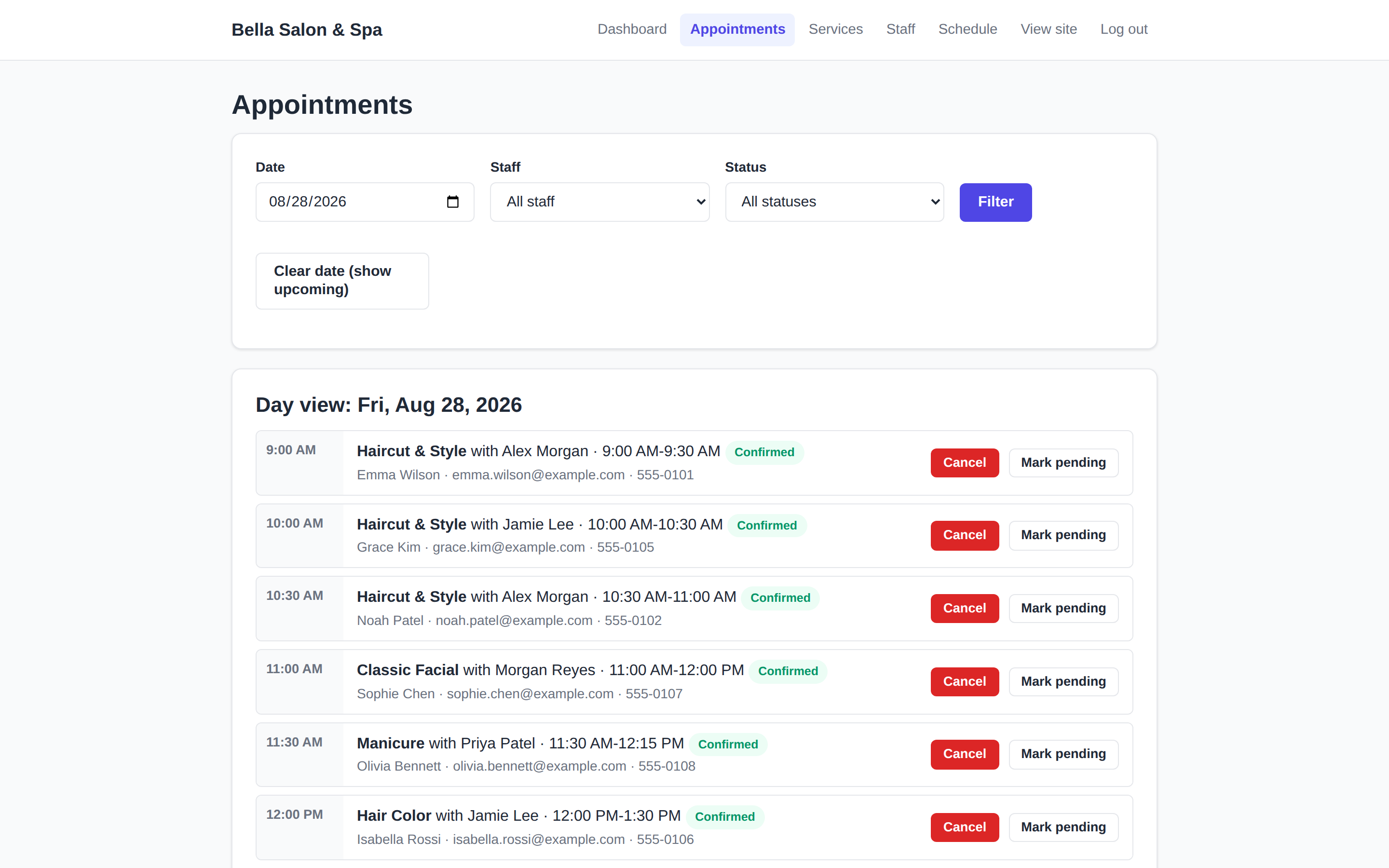 BookSlot admin day view of bookings