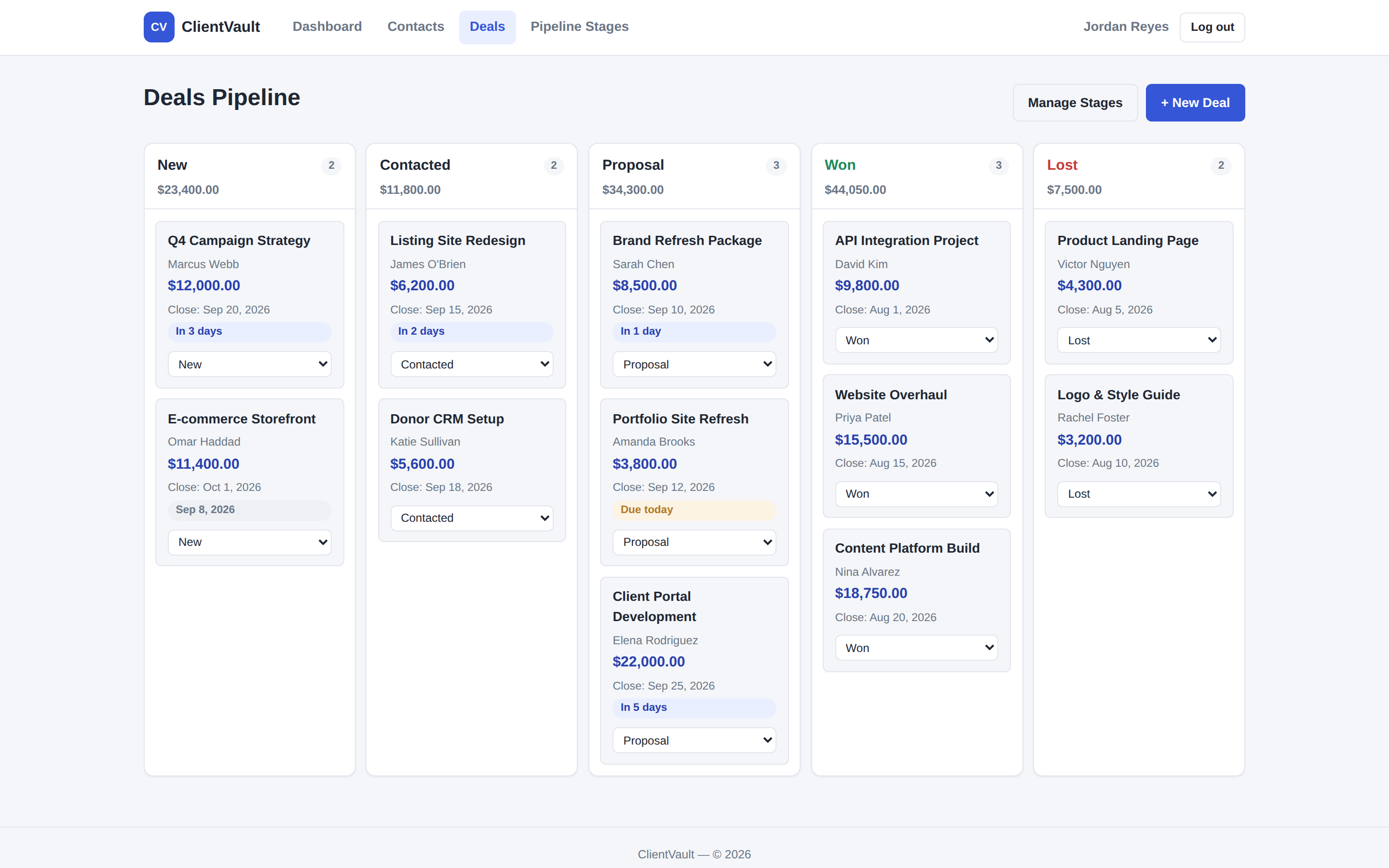 ClientVault deal pipeline board