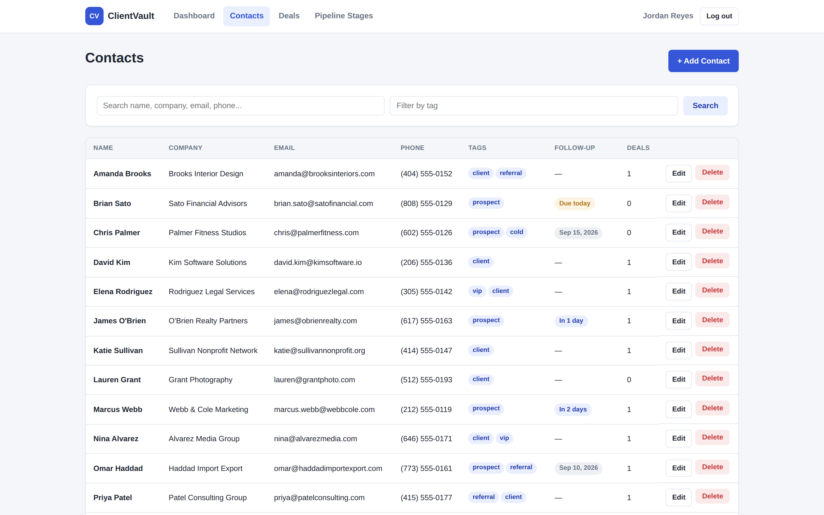 ClientVault contacts list with search and tags