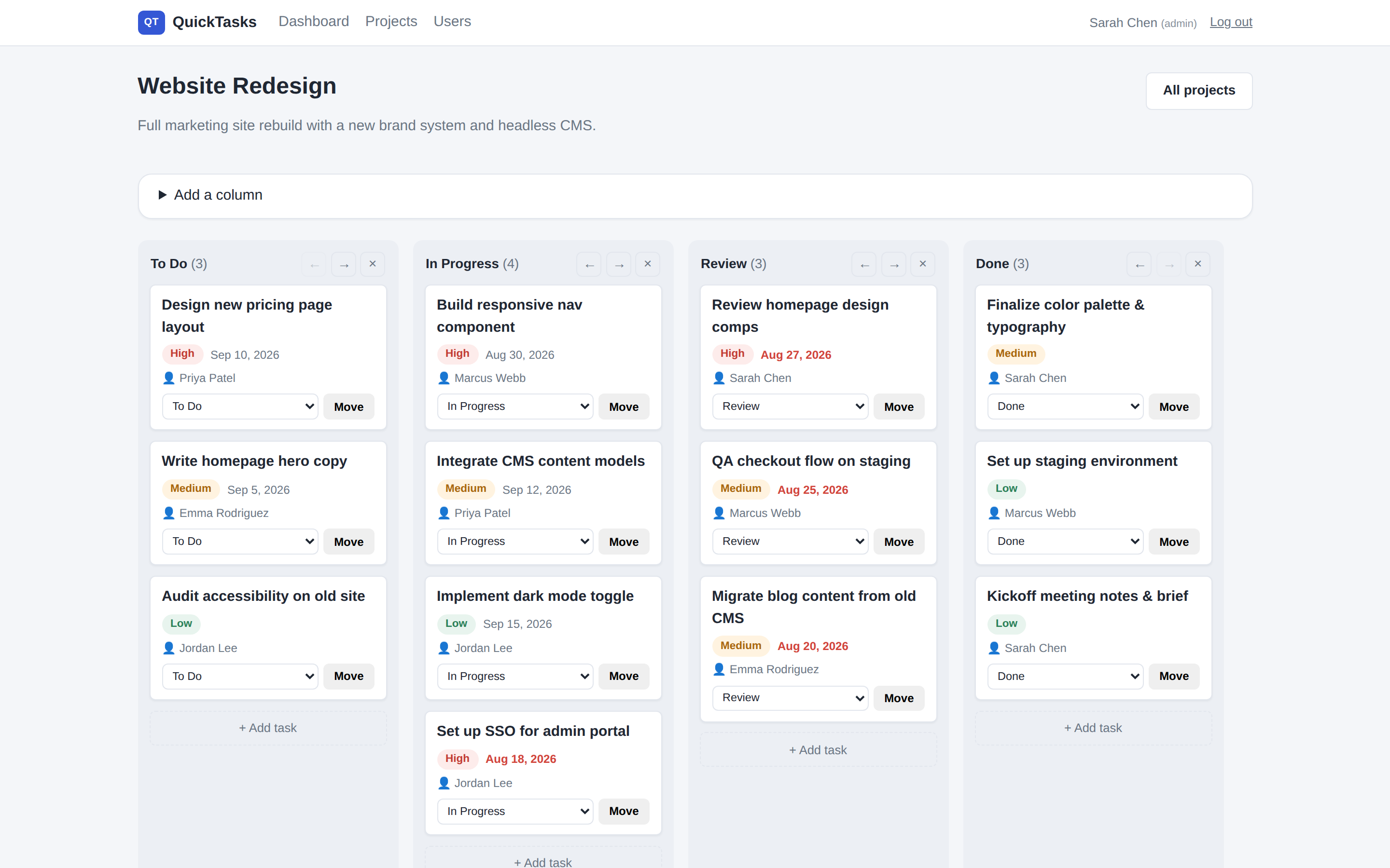 QuickTasks kanban board