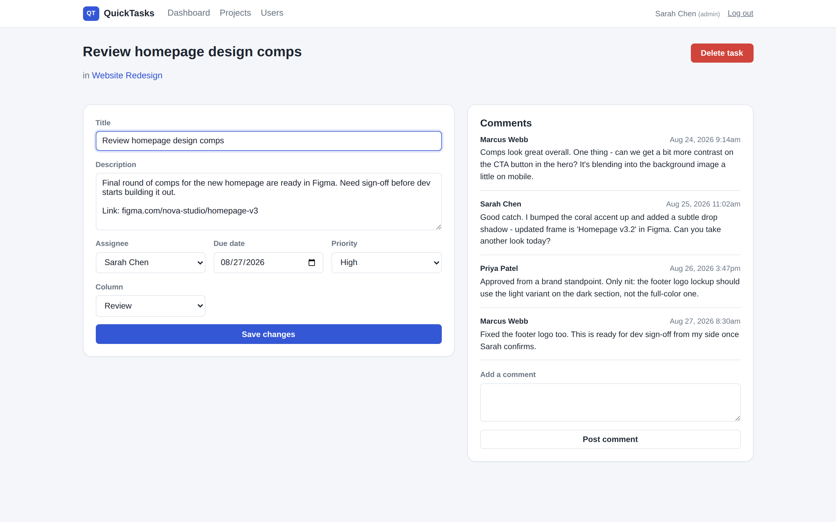 QuickTasks task detail view