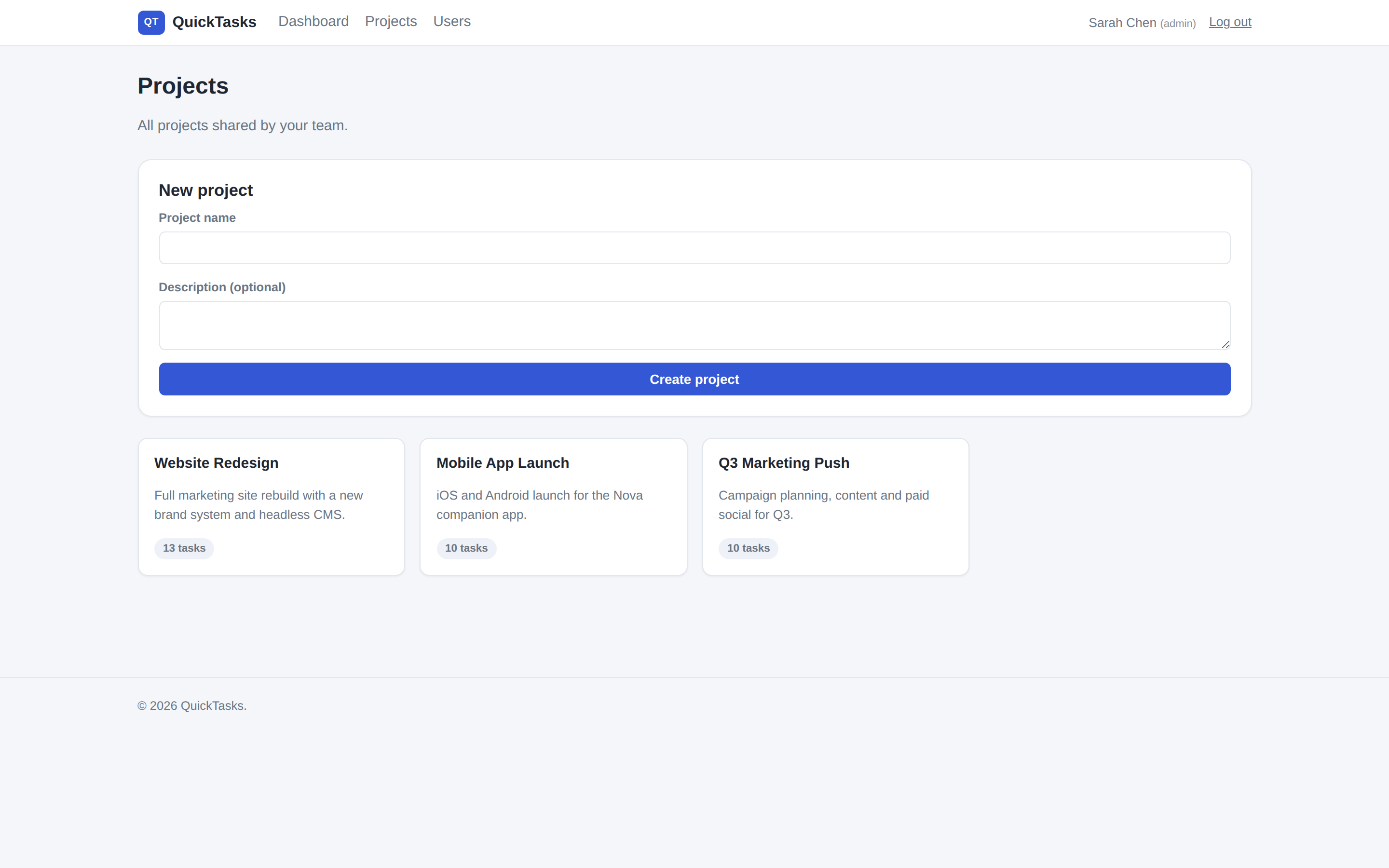 QuickTasks projects list