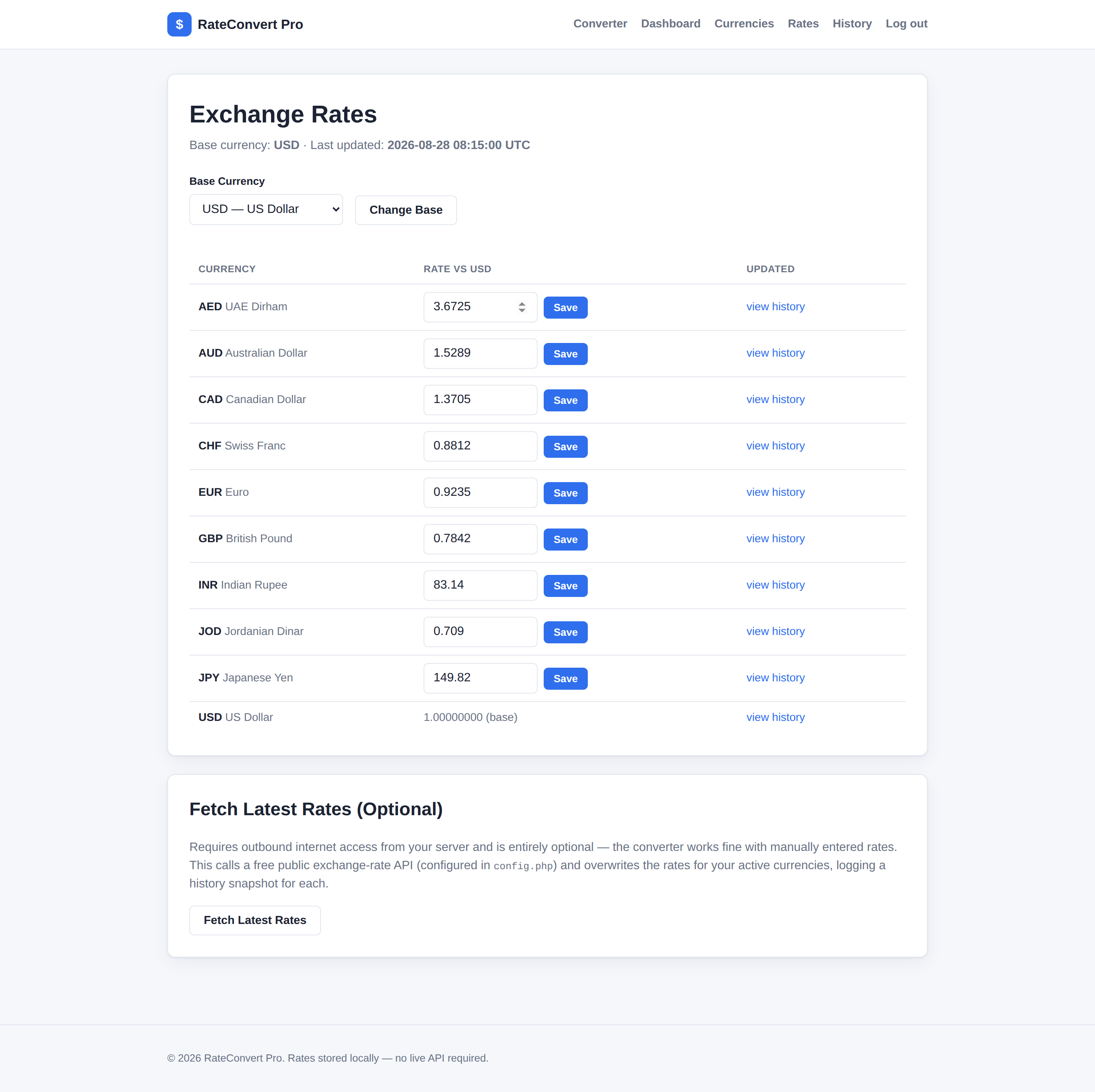 RateConvert Pro rates editor