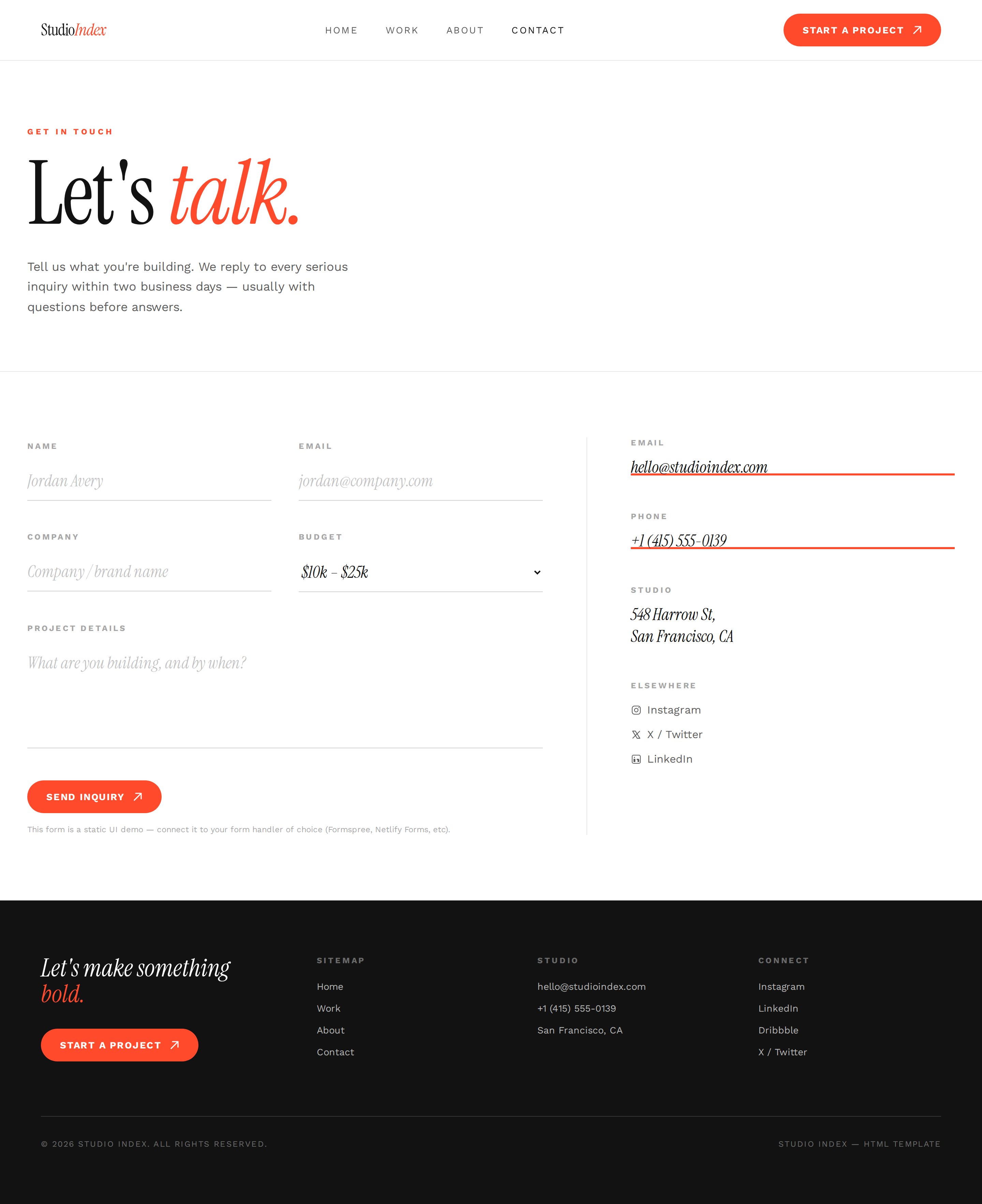 Studio Index contact page