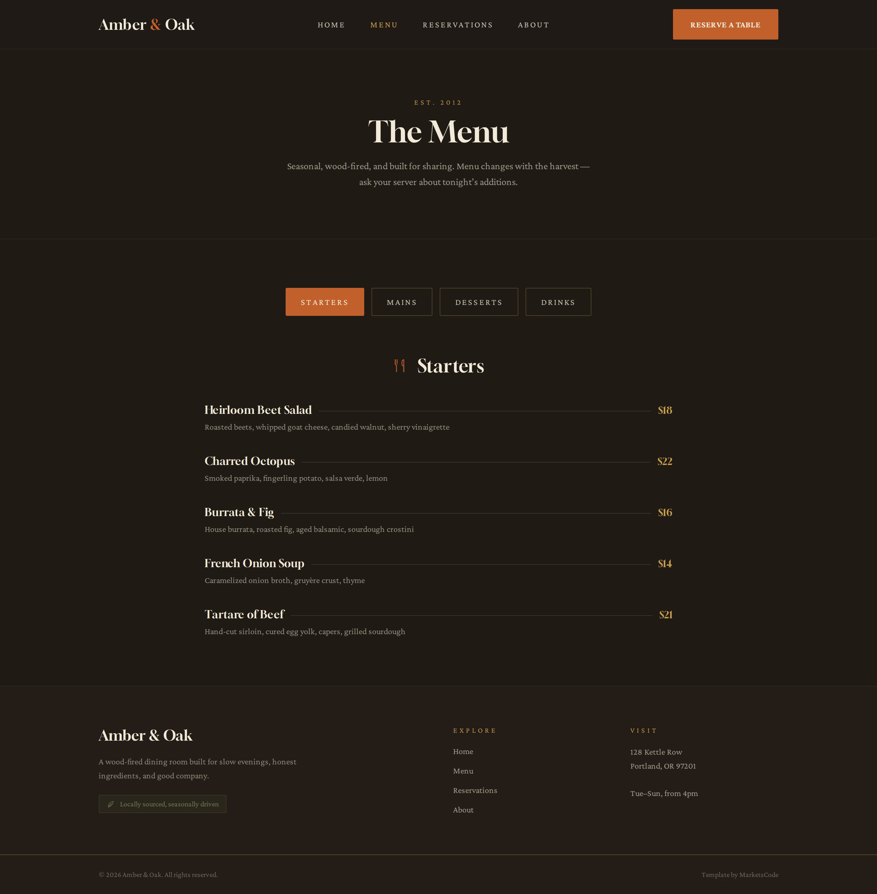 Amber & Oak menu page