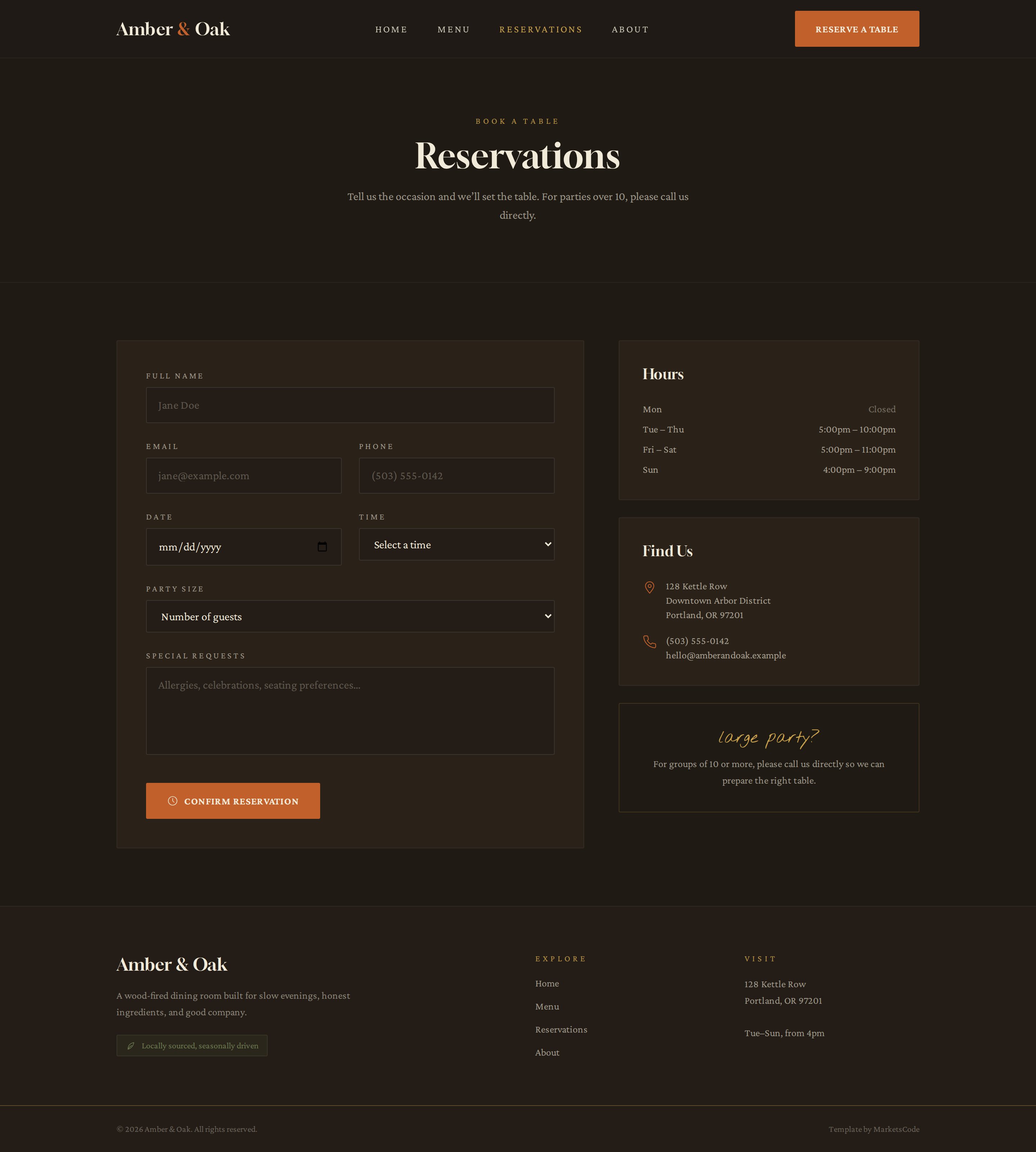Amber & Oak reservations page