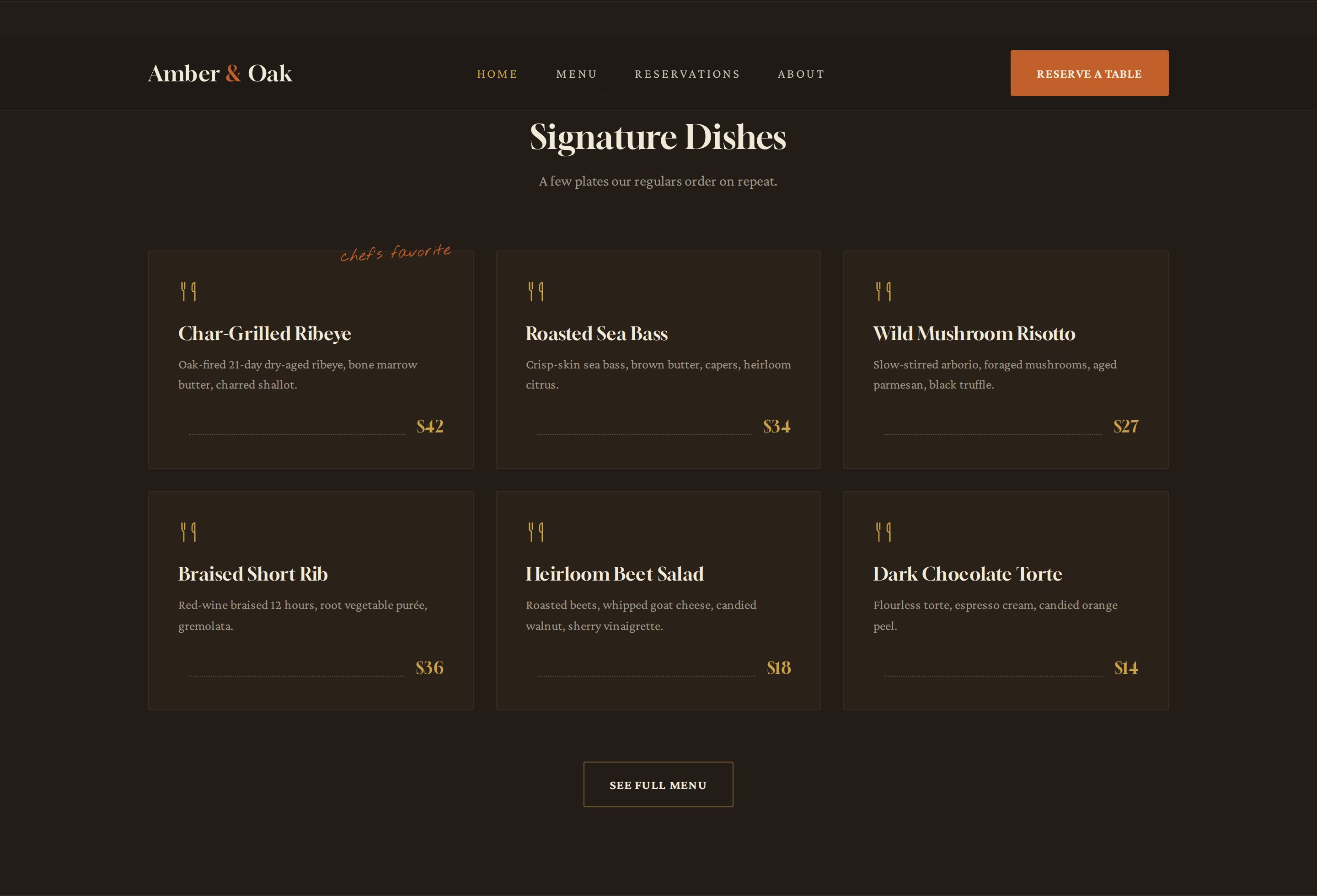 Amber & Oak home page menu highlights