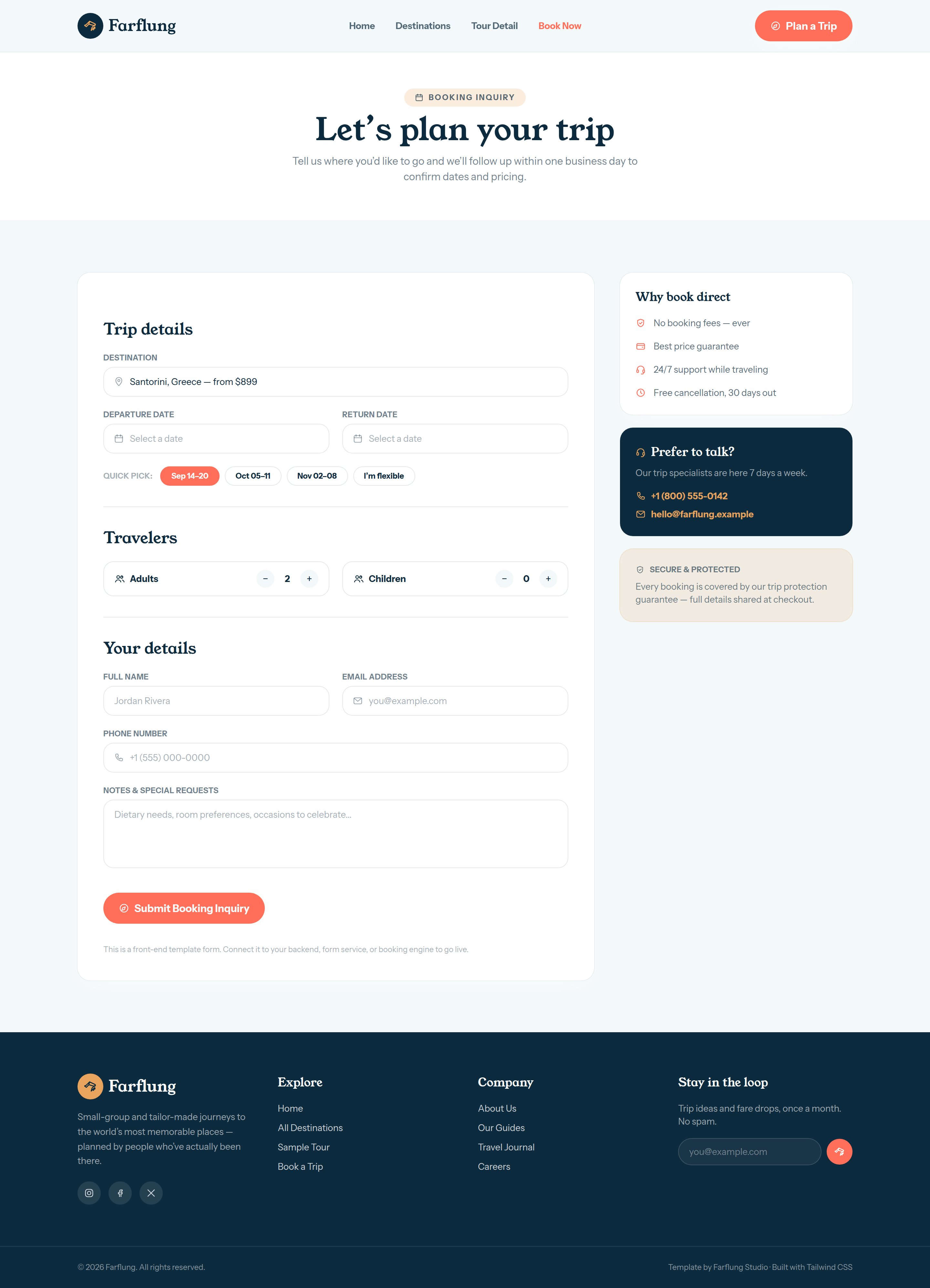 Farflung booking form page