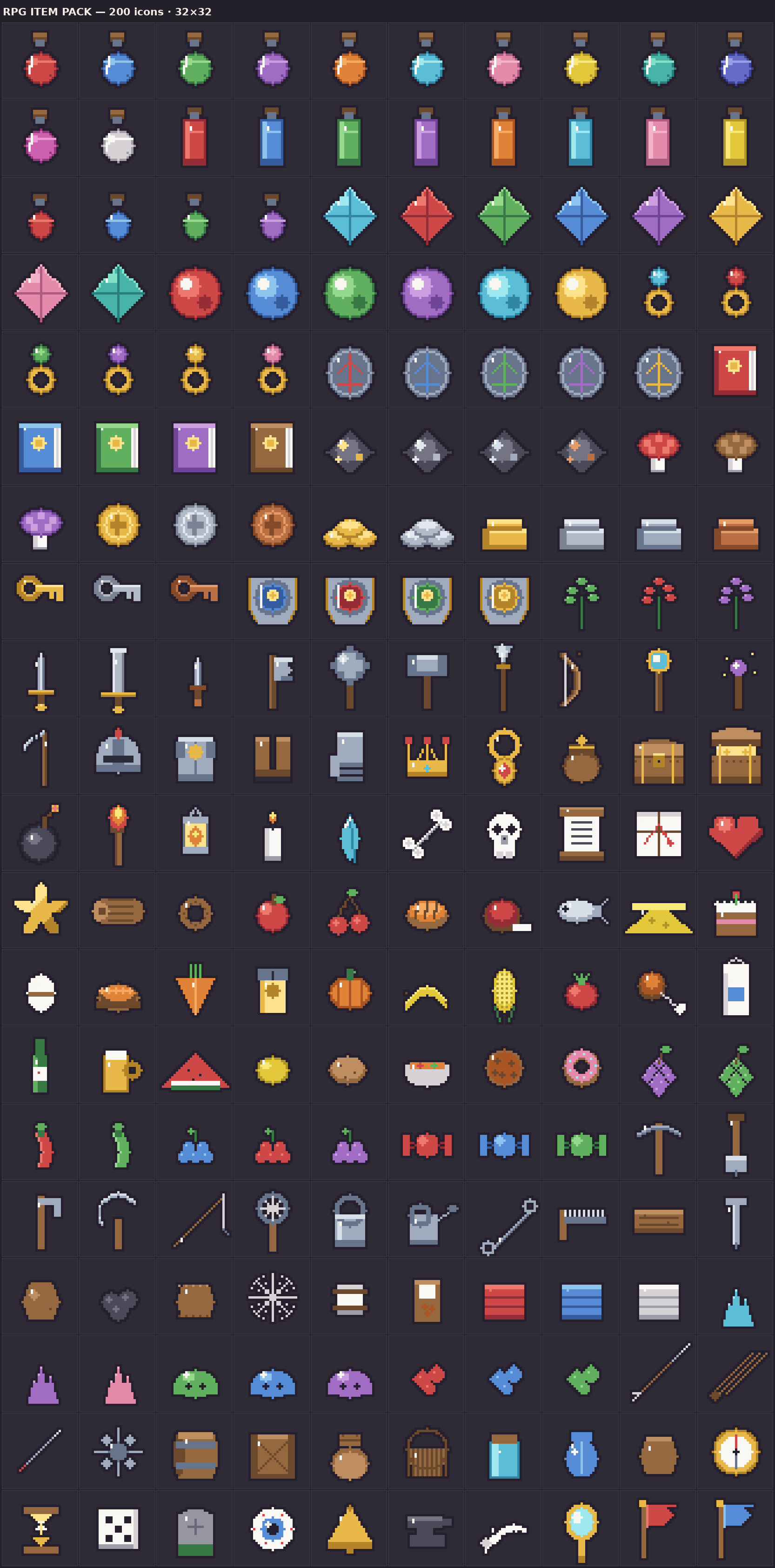 RPG Item Pack - 200 Pixel Icons (16 & 32px + Animated)