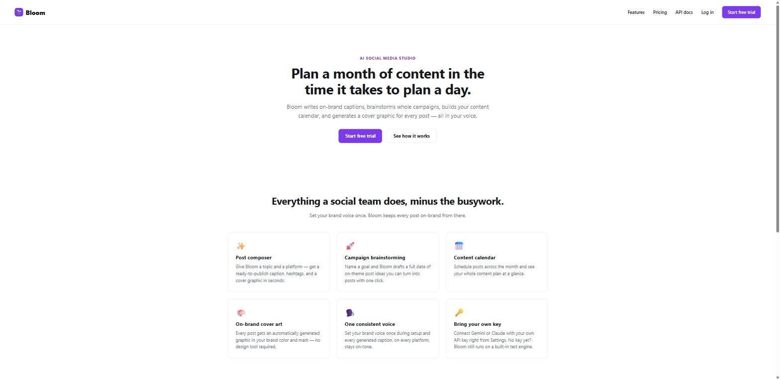 Bloom AI social media studio dashboard screenshot