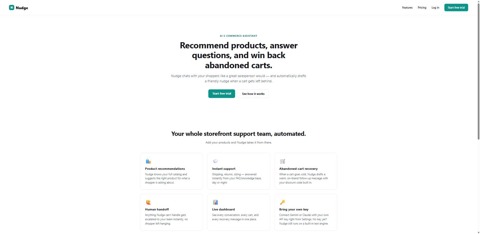 Nudge AI e-commerce assistant dashboard screenshot