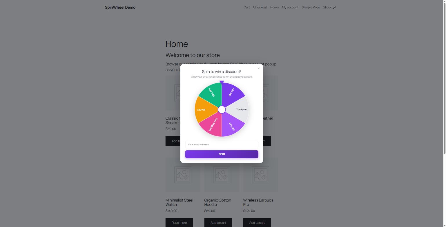 SpinWheel discount spin wheel popup shown on the live demo store