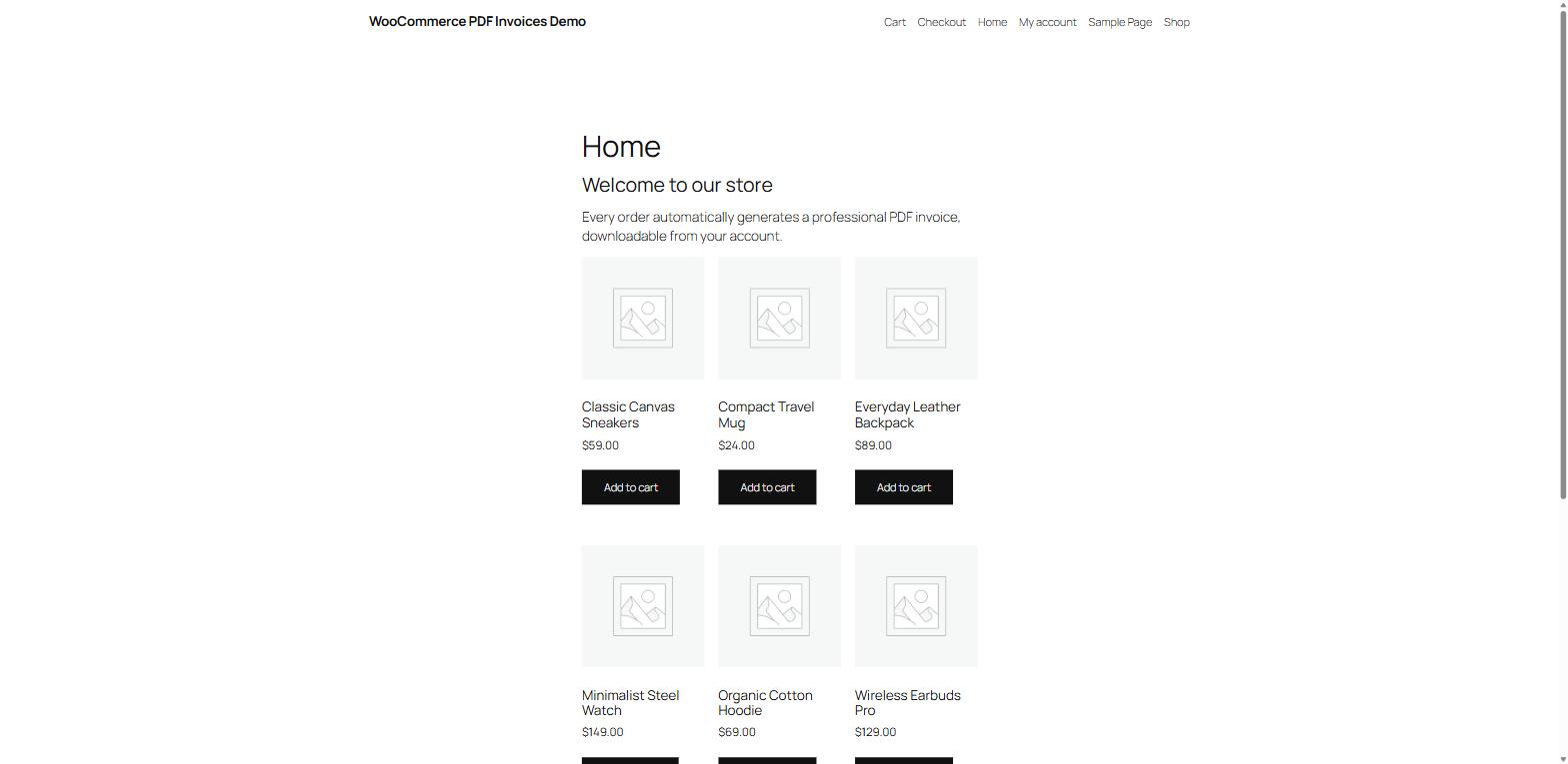 WooCommerce PDF Invoices demo storefront showing the automatic invoice generation feature