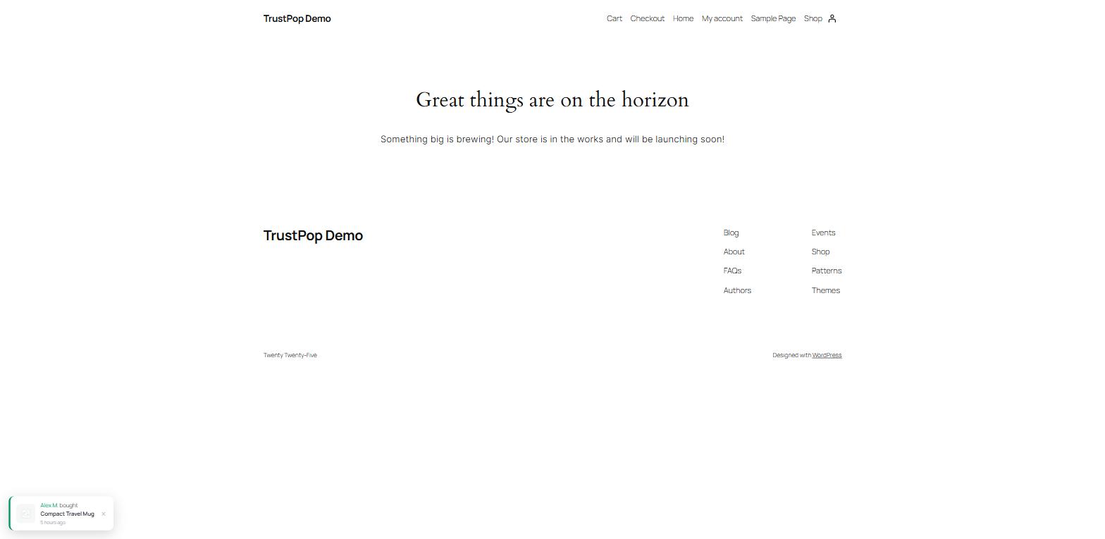 TrustPop live recent-sale popup notification on the demo shop page