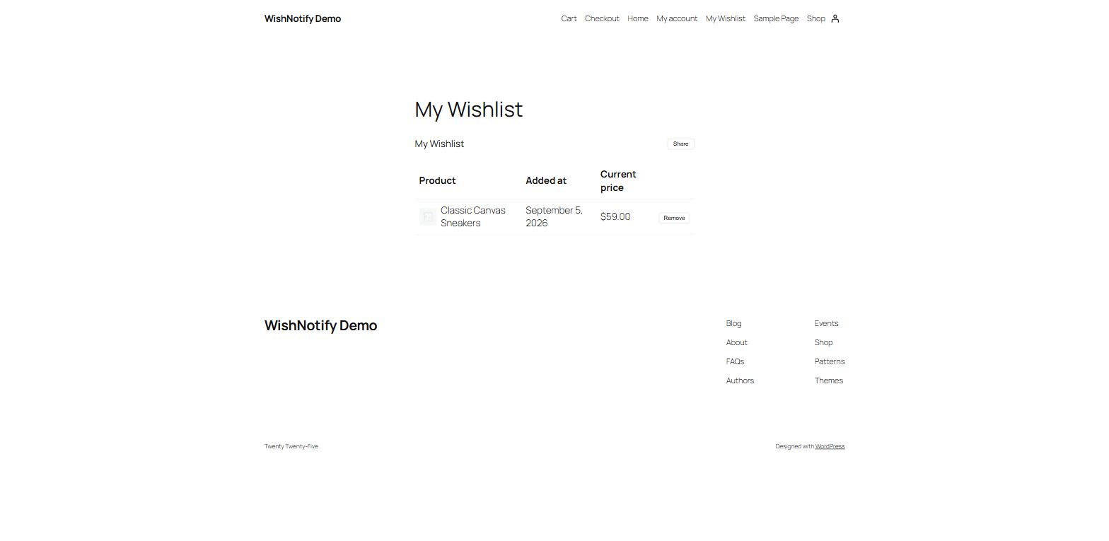 WishNotify My Wishlist page showing a saved product on the demo store