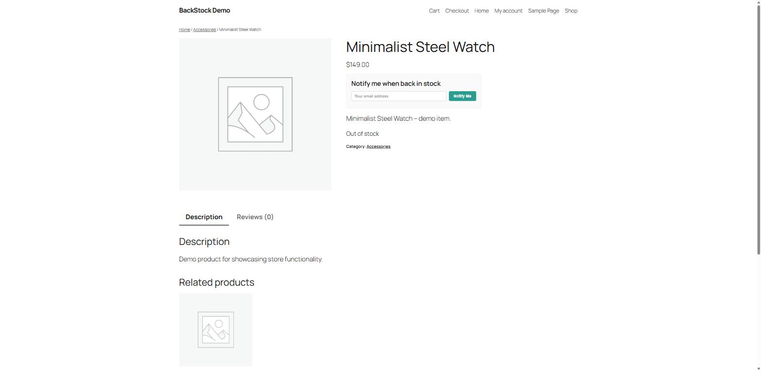 BackStock "Notify me when back in stock" form on an out-of-stock product on the demo store