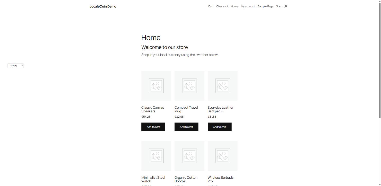 LocaleCoin currency switcher converting shop prices to EUR on the demo store homepage