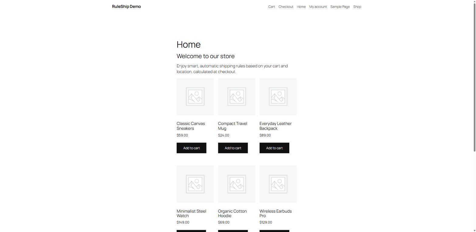 RuleShip automatic shipping rules message on the demo store homepage