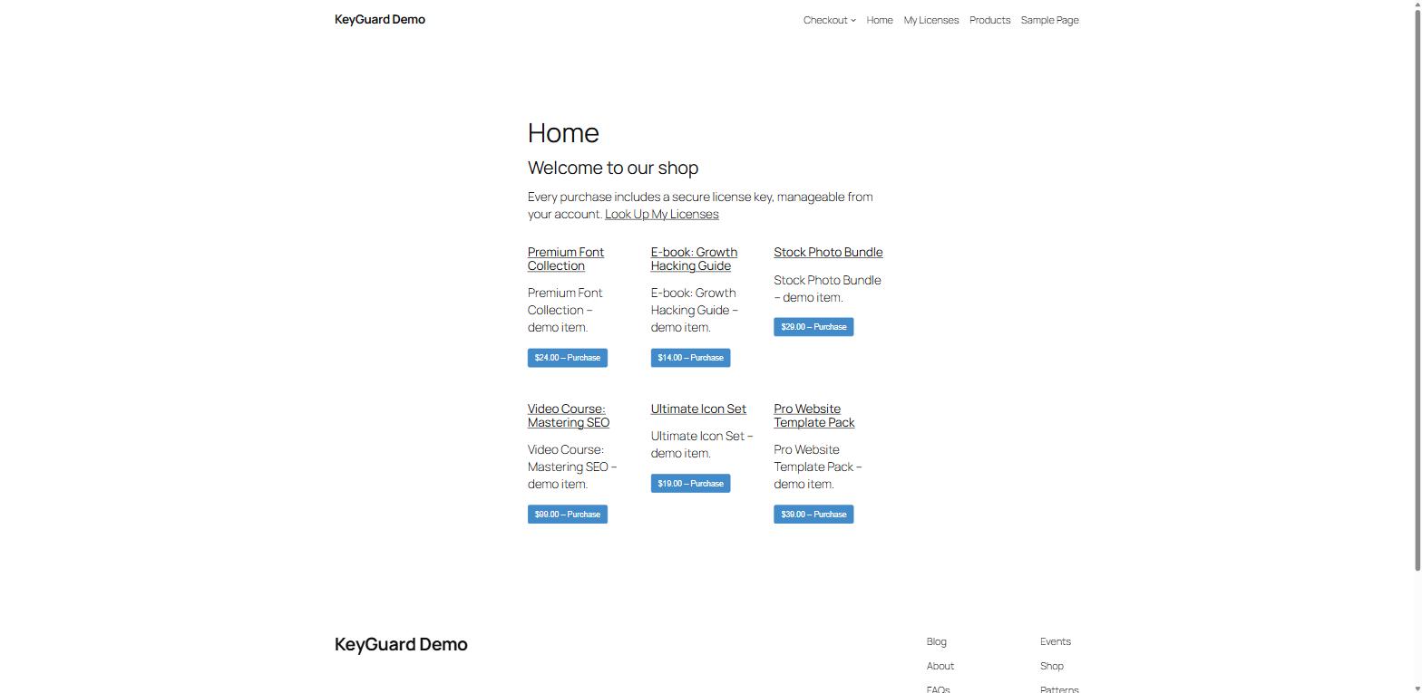 KeyGuard license key messaging on the demo store homepage