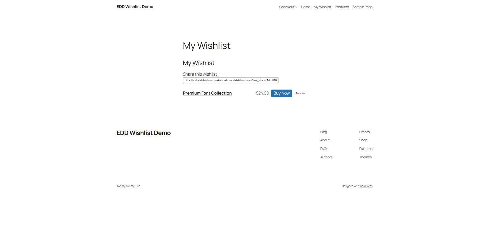 EDD Wishlist My Wishlist page showing a saved item on the demo store