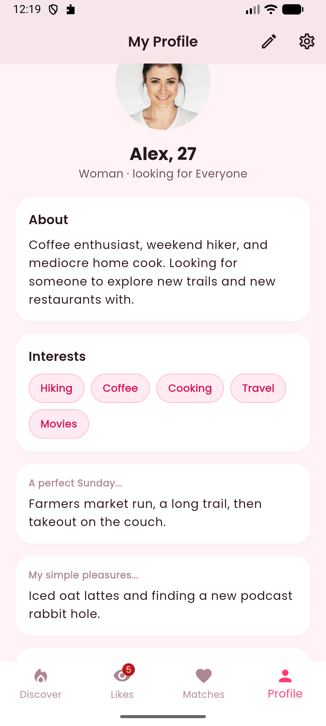 Dating App home screen - user profile